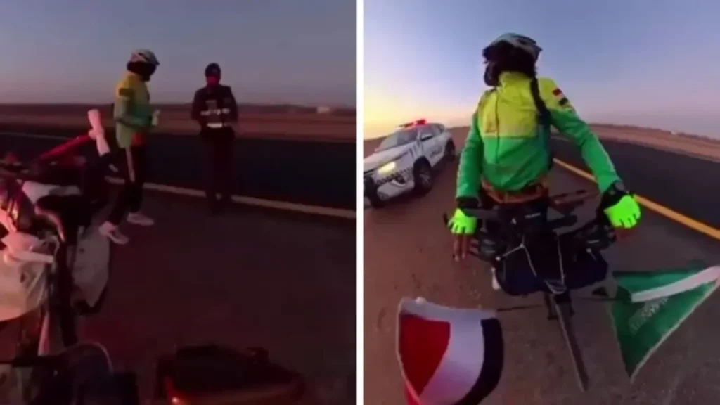 رحالة مصري بالدراجة.. تصرف غير متوقع لرجال أمن الطرق خلال رحلته إلى المدينة